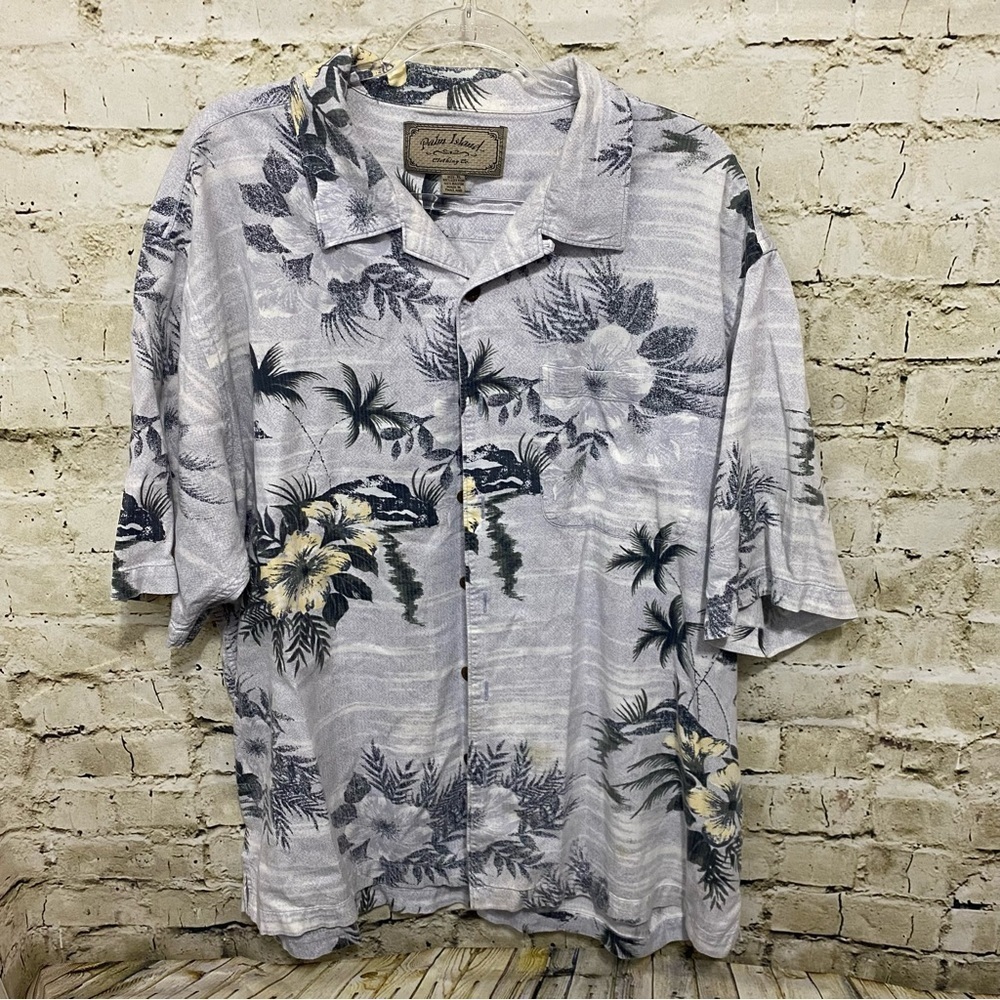 Palm Island Gray Blue Floral Hawaiian Print Button Up Shirt
